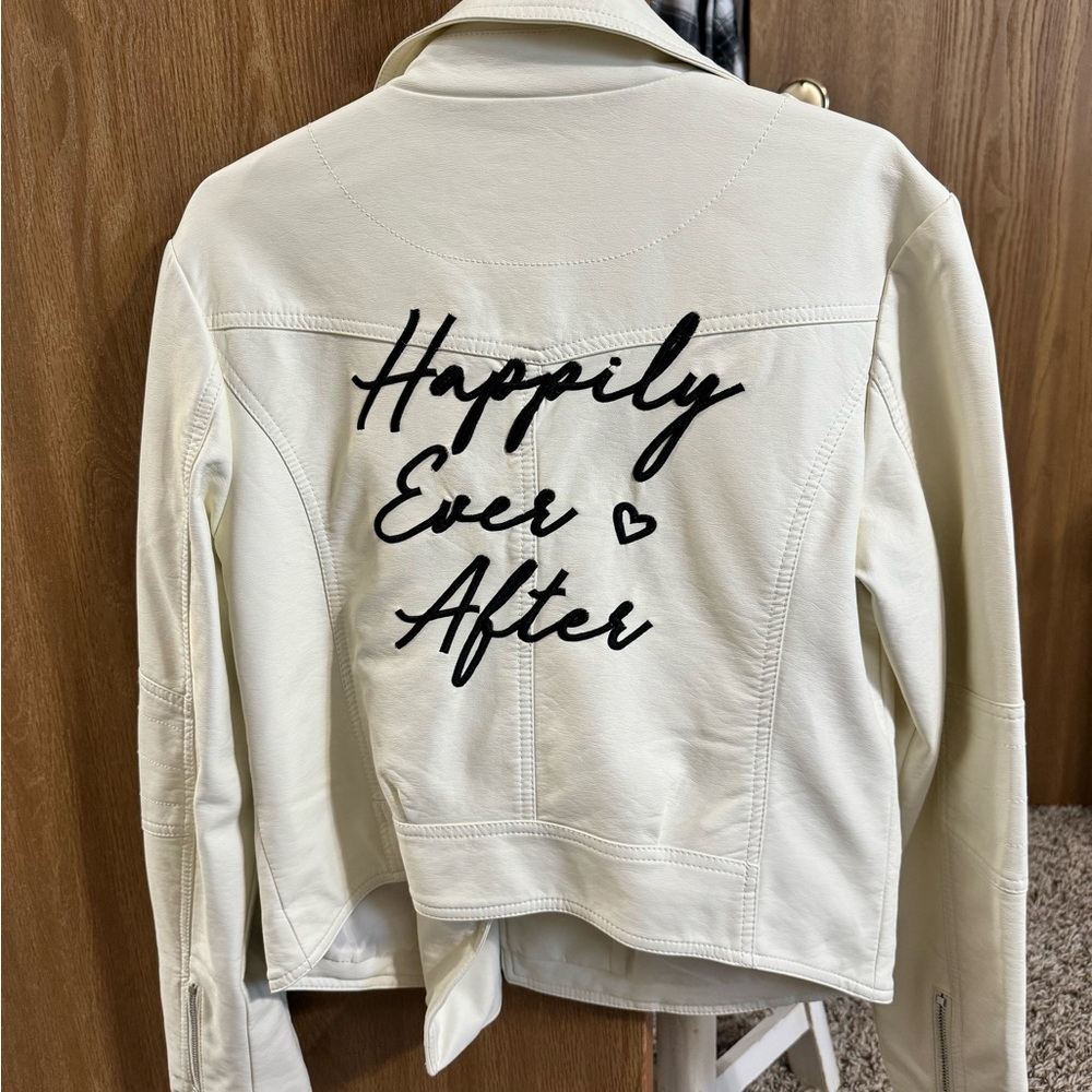 “Happily Ever After” David’s Bridal leather jacket, size small